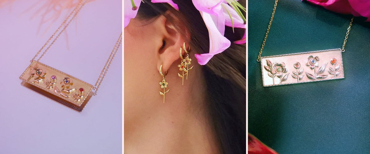 Garden of Eden Necklace and Flower Earrings in 18K gold